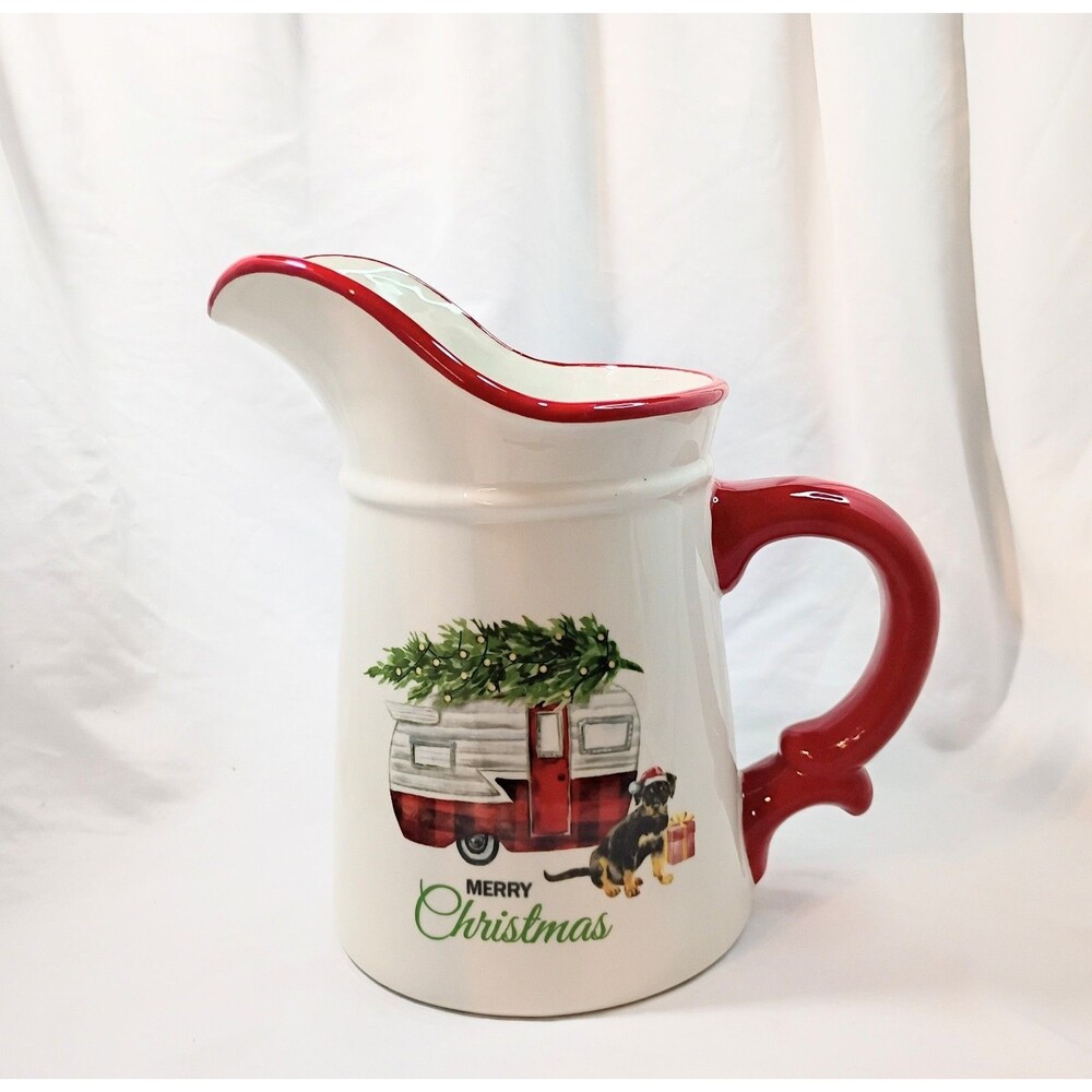 Merry Christmas Ceramic Pitcher With Camper And Dog